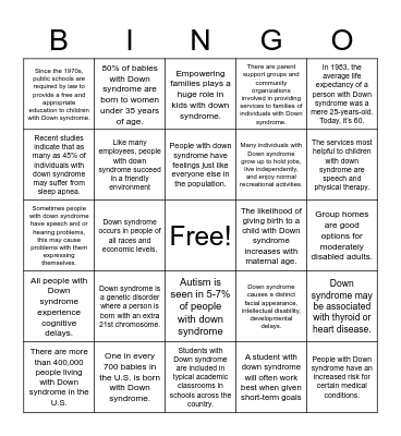 Down Syndrome Facts Bingo Card