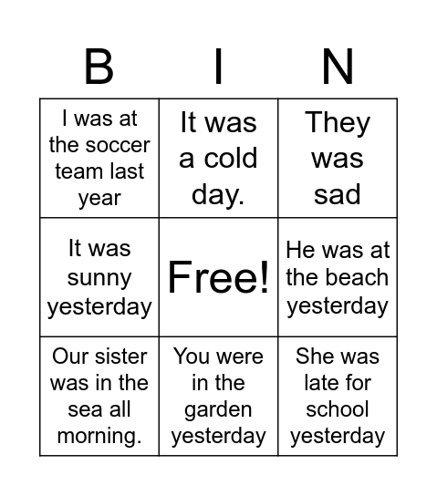 Simple Past Tense Bingo Card