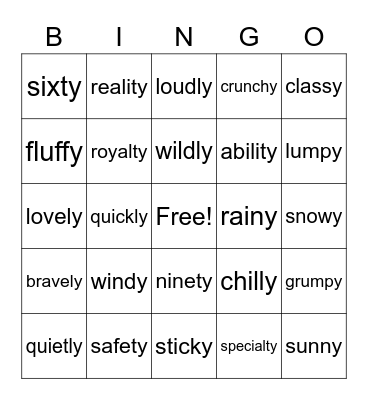 Suffix -y, -ly,  and ty Bingo Game Bingo Card