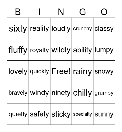 Suffix -y, -ly,  and ty Bingo Game Bingo Card