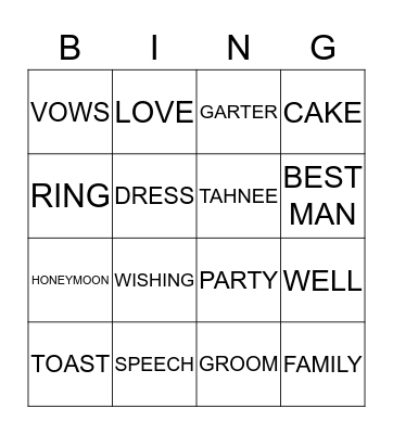 Tahns Hens Party Bingo Card