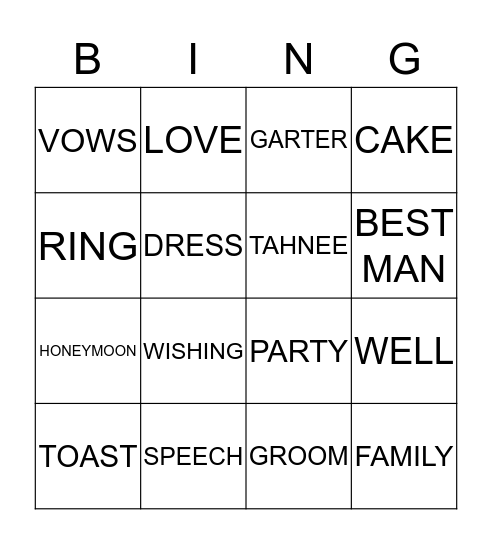 Tahns Hens Party Bingo Card