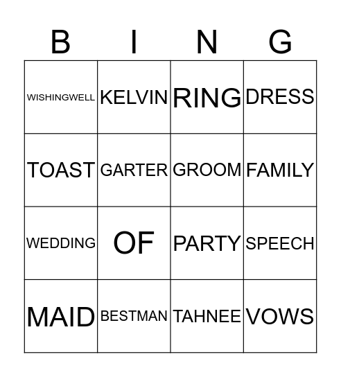 Tahns Hens Party Bingo Card
