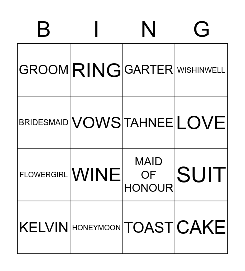 Tahns Hens Party Bingo Card