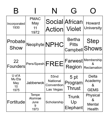 DELTA DIVA BINGO Card