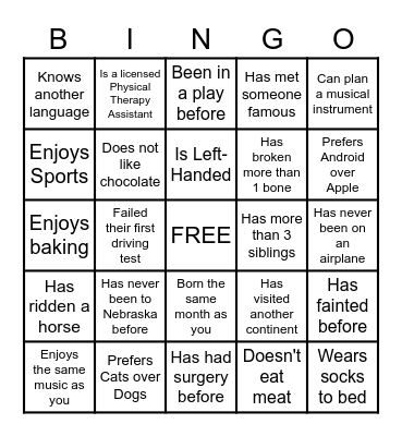 DPT Get to Know You Bingo Card