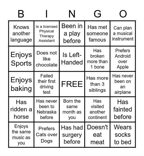 DPT Get to Know You Bingo Card