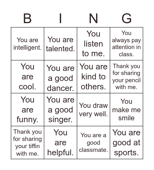 Compliment Your Friend Bingo Card