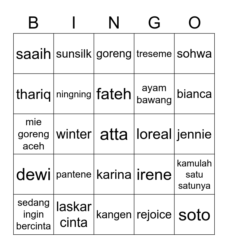 Winty Bingo Card