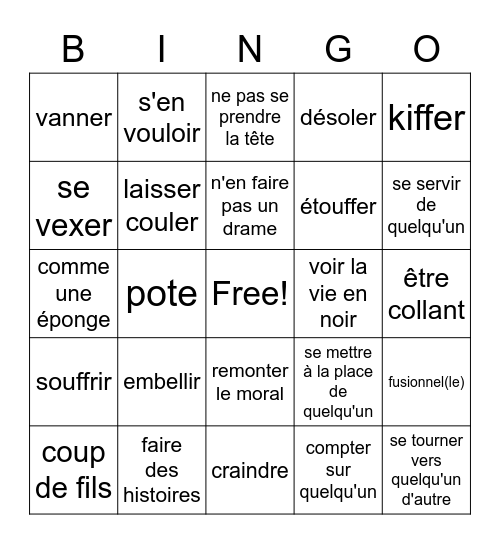 Vocabulaire Amitié Bingo Card
