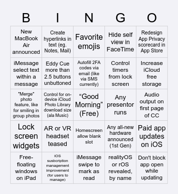 WWDC22 Bingo Card