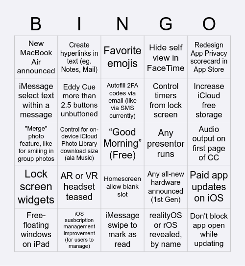 WWDC22 Bingo Card