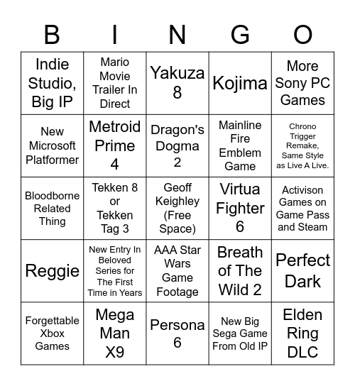 Not E3 Bingo Card