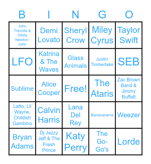 Summer Song Bingo Card
