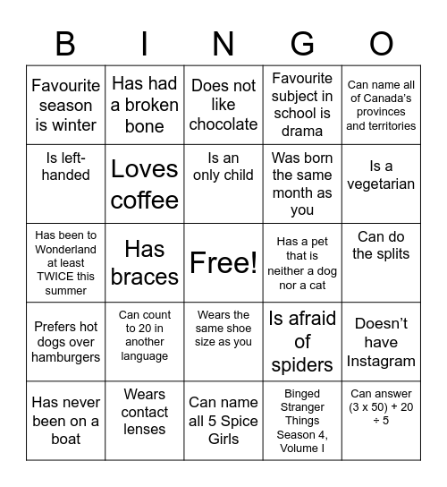 SAC CAMP BINGO Card