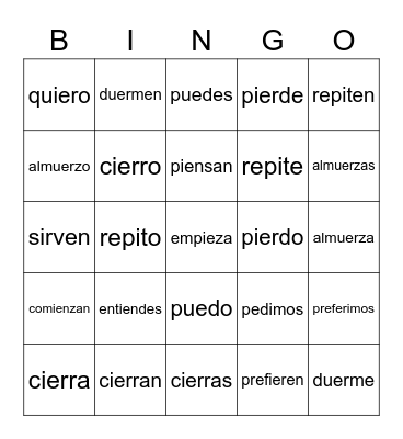 Stem-changing Verbs Bingo Card