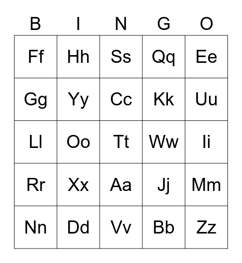 Upper and Lower case alphabet Bingo Card