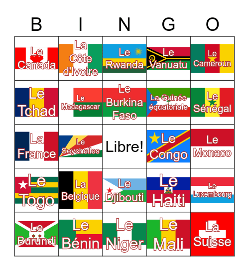 Les pays francophones! Bingo Card