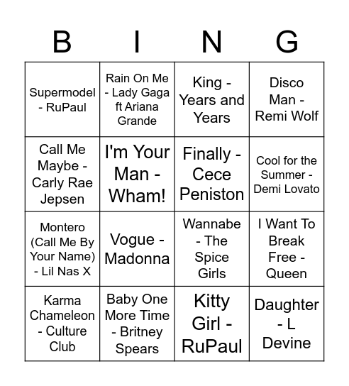 Frontline Pride Music Bingo Card