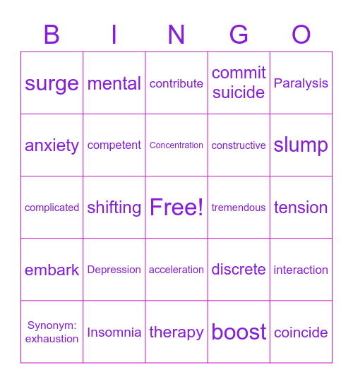 Depression Vocab Bingo Card