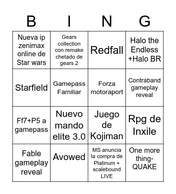 Xbox showcase 2022 Bingo Card