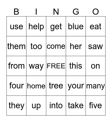 High Frequency Words Bingo Card
