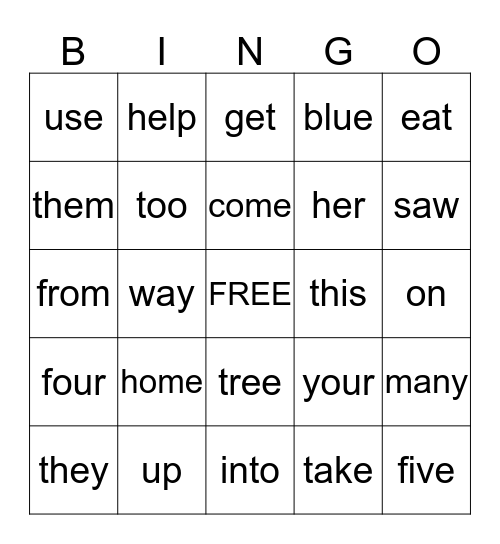 High Frequency Words Bingo Card