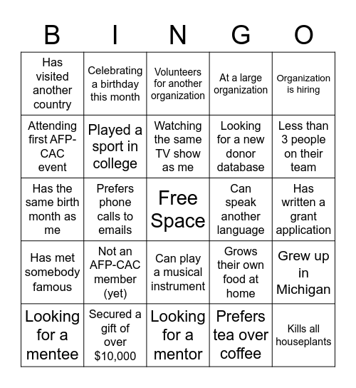 AFP-CAC Networking Bingo Card