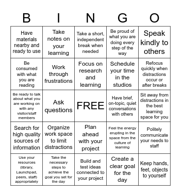 Independent Work Time Bingo Card