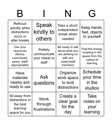 Independent Work Time Bingo Card