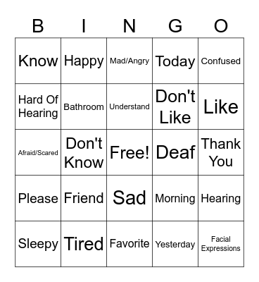 ASL Unit 1 Vocabulary Bingo Card