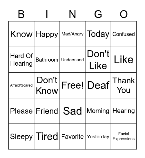 ASL Unit 1 Vocabulary Bingo Card