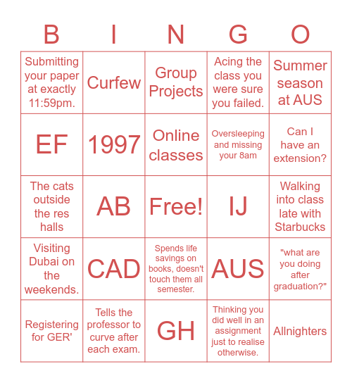 Graduation Party Bingo Card