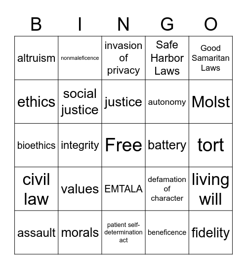 Legal & Ethical Definitions to Know Bingo Card