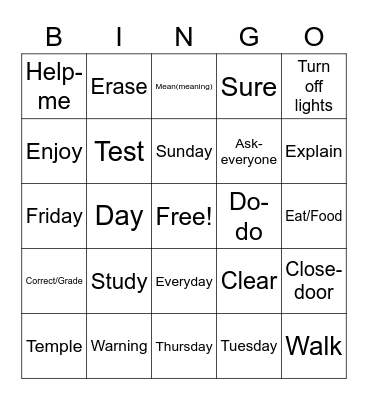 ASL Unit 2 Review Bingo Card