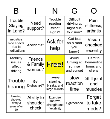 Safe Driving Bingo Card