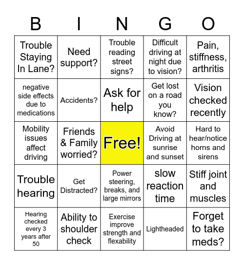 Safe Driving Bingo Card