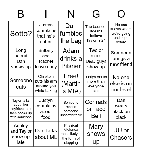 Night Out Bingo Card