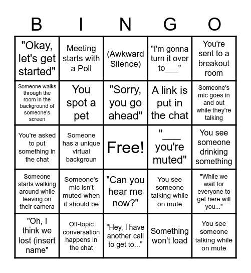 Zoom Meeting BINGO Card