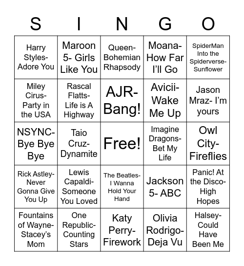 Singo! Bingo Card