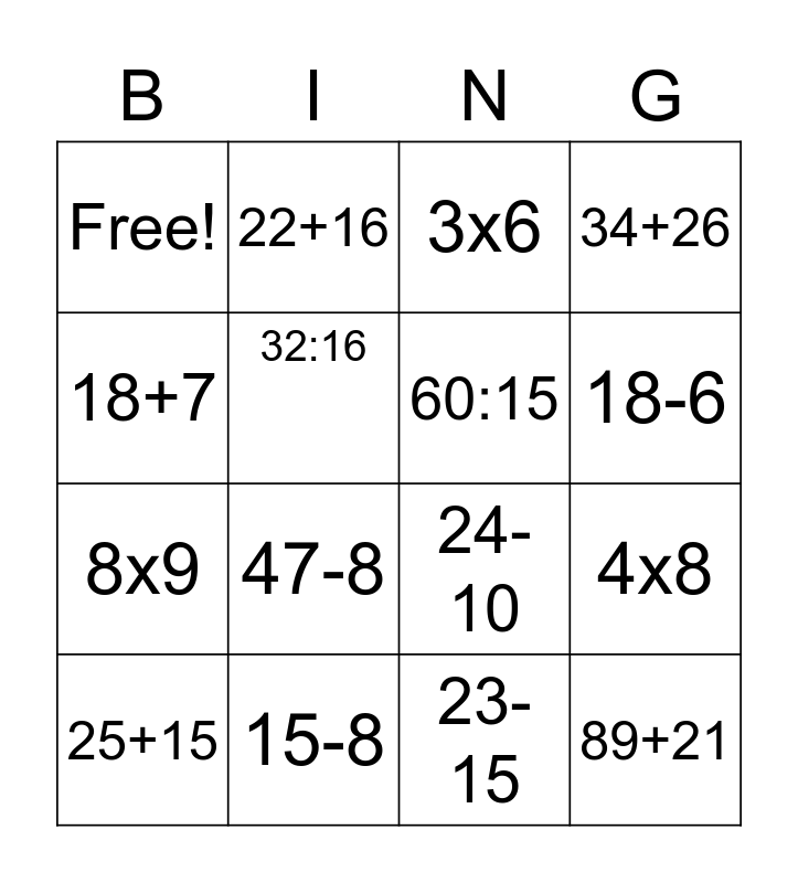 Bingo das operações matemática Bingo Card