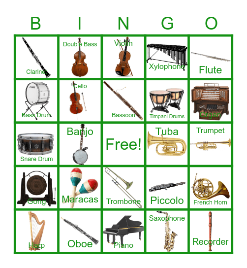 Music Instruments Sounds Bingo Card