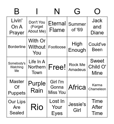 1980s Music Bingo Card