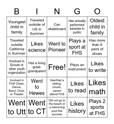 Welcome Back Bingo Card