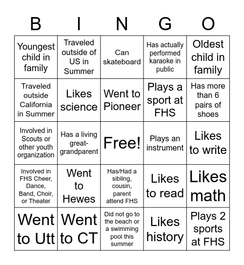 Welcome Back Bingo Card