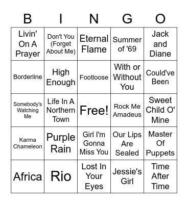 1980s Music Bingo Card
