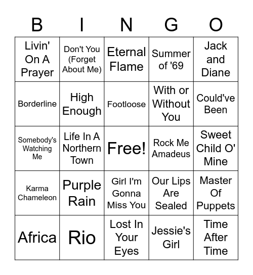 1980s Music Bingo Card