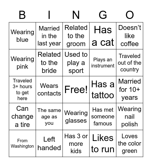 Find the Wedding Guest! Bingo Card