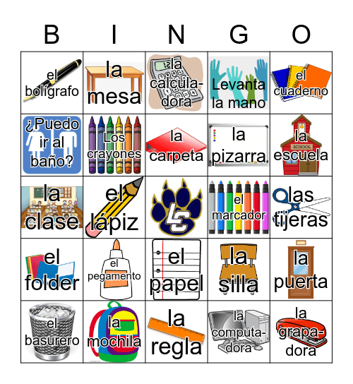 School Supplies In Spanish alworth Bingo Card