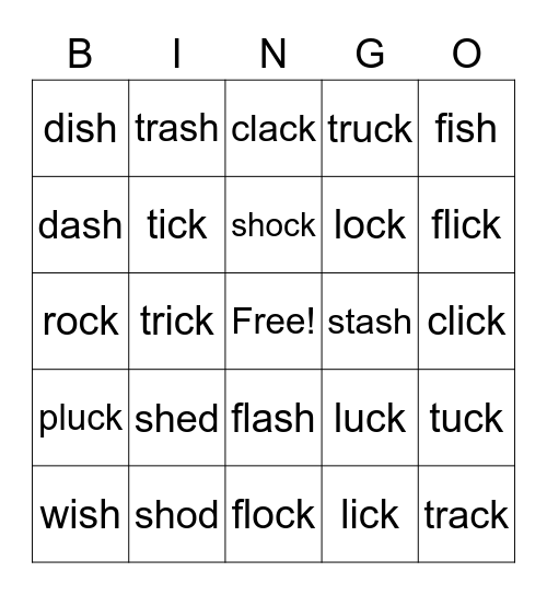 sh, ck word Bingo Card